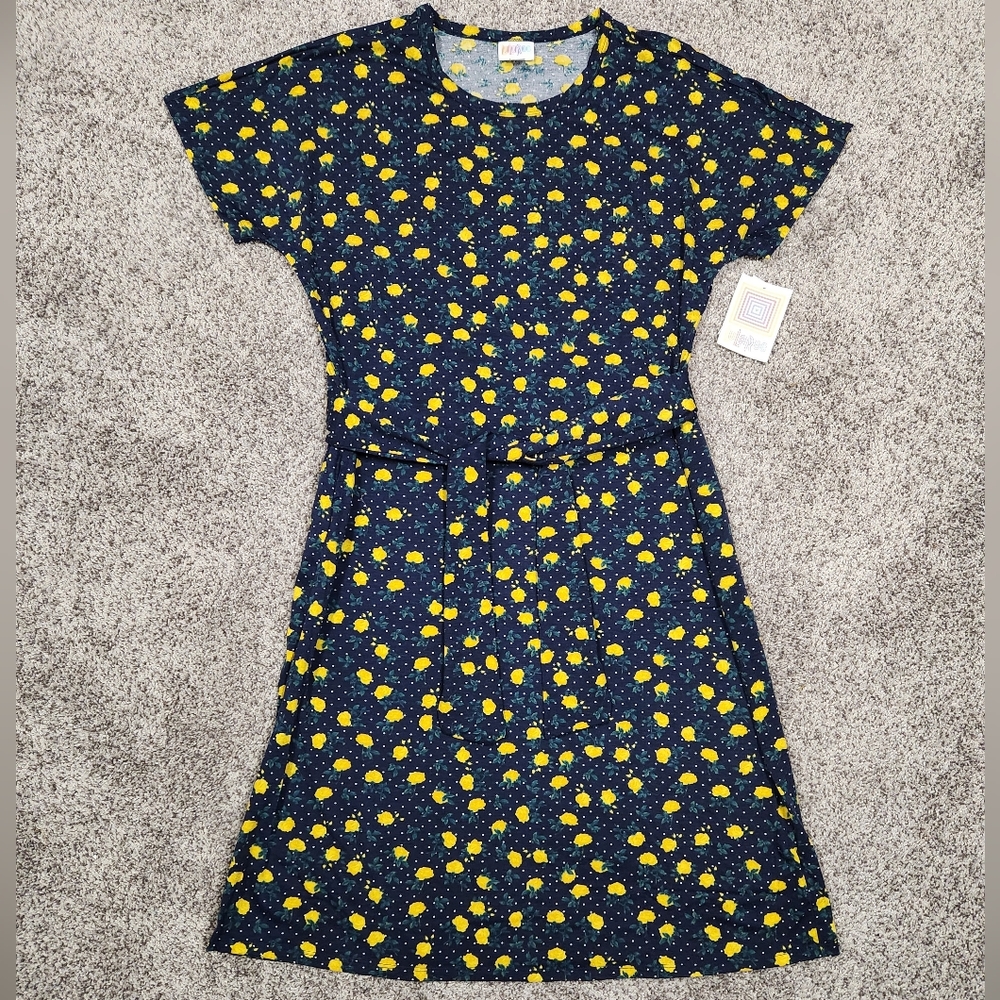 LuLaRoe Marly Yellow Rose Navy Polka Dot Print Belted Midi Dress With Po…
